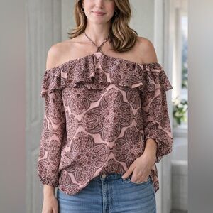 Belle Sky Pink and Brown Patterned Blouse